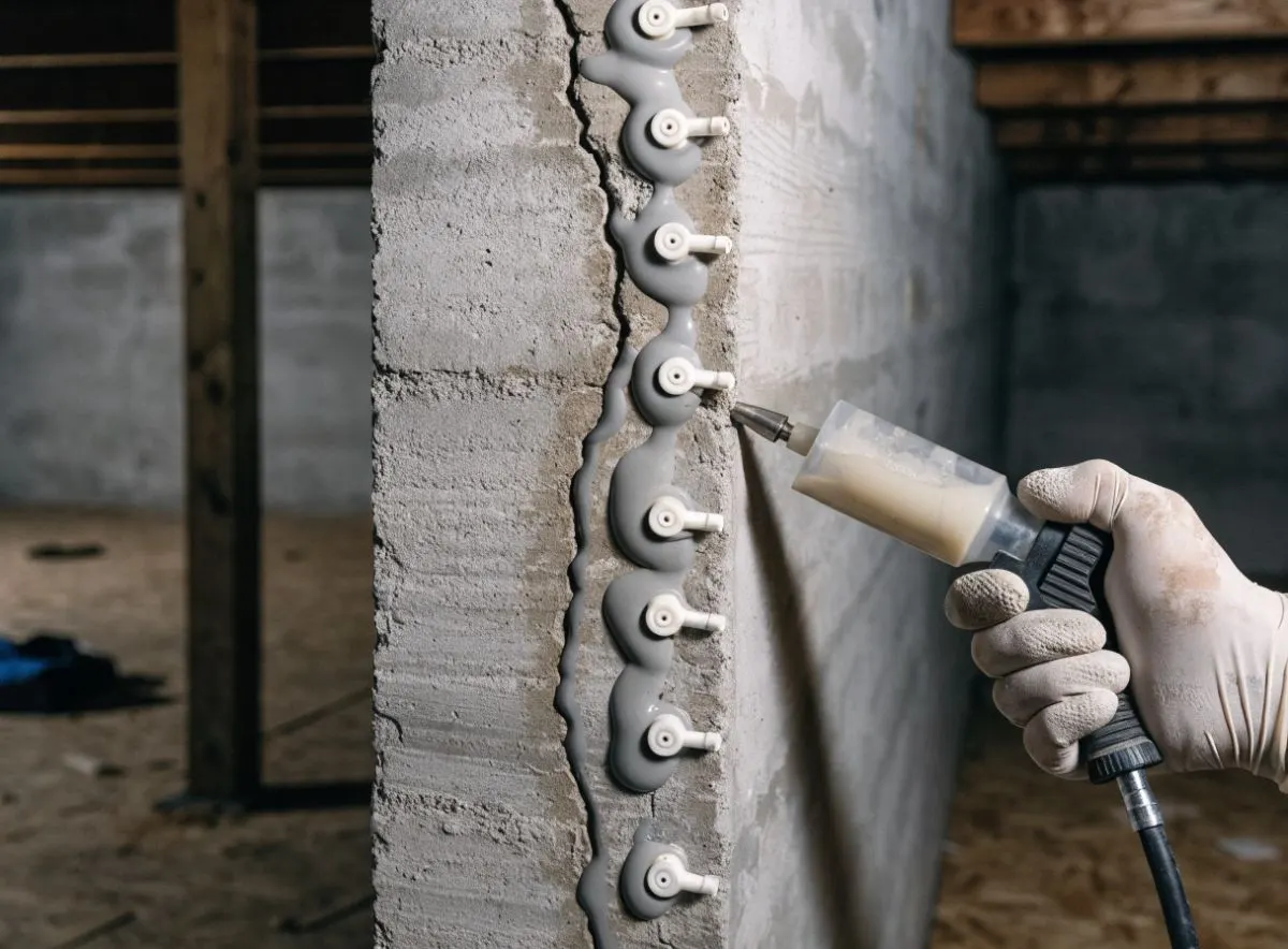 Crack injection ports along a concrete basement wall