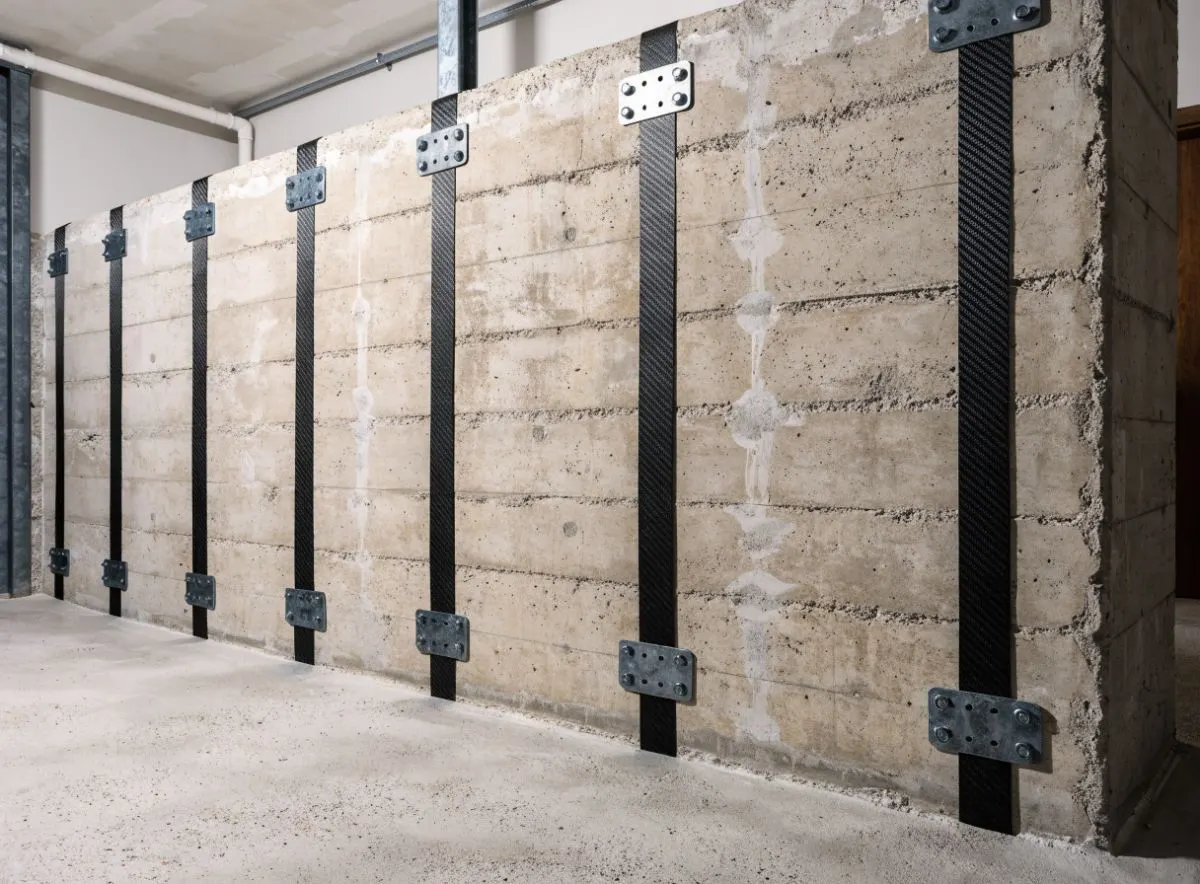 Carbon fibre straps reinforcing a basement wall